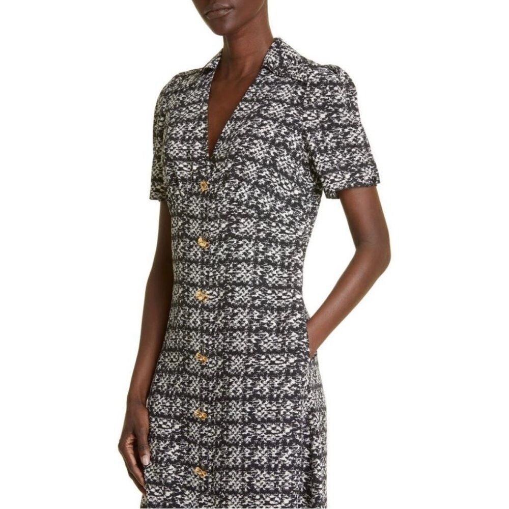 St John Jared Tweed Print Silk Shirtdress Size 4 Midi Goldtone Buttons - Picture 2 of 16